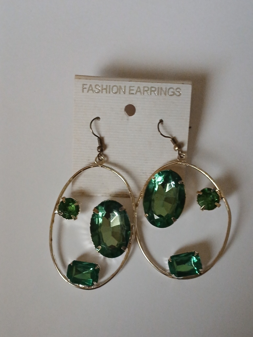 Fashion Green Gemstone Silver -Tone Hoop Drop Earrings